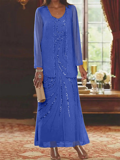 Robe Longue Femme Paillettes Col V Manches Longues avec Veste