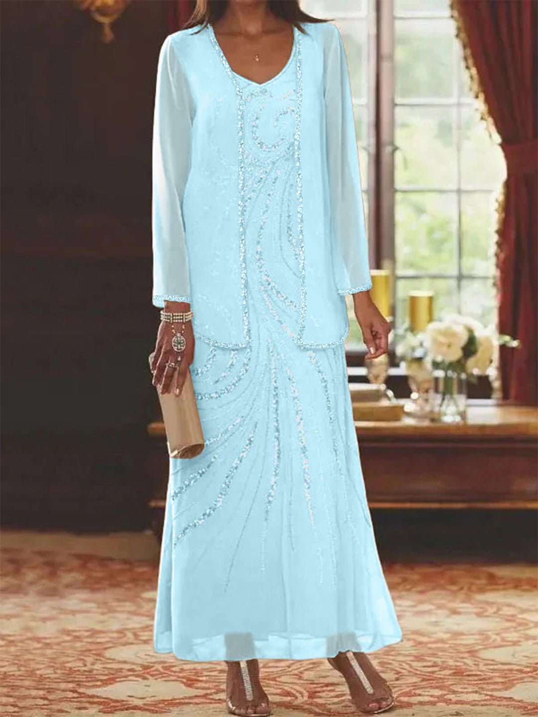 Robe Longue Femme Paillettes Col V Manches Longues avec Veste