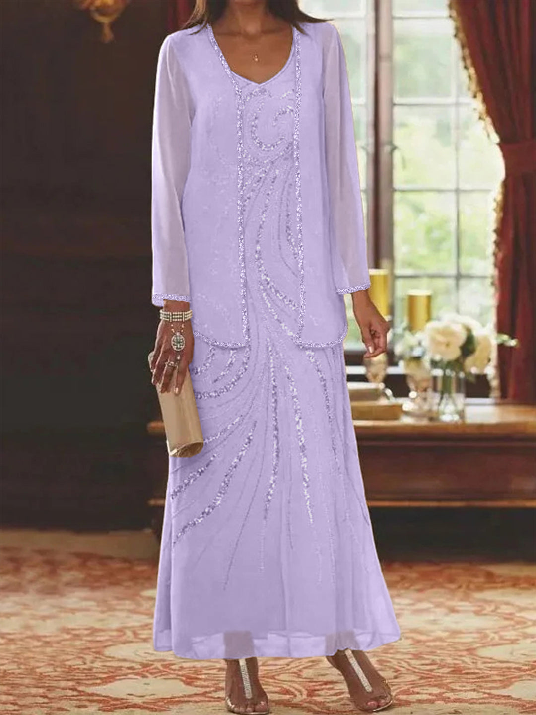 Robe Longue Femme Paillettes Col V Manches Longues avec Veste