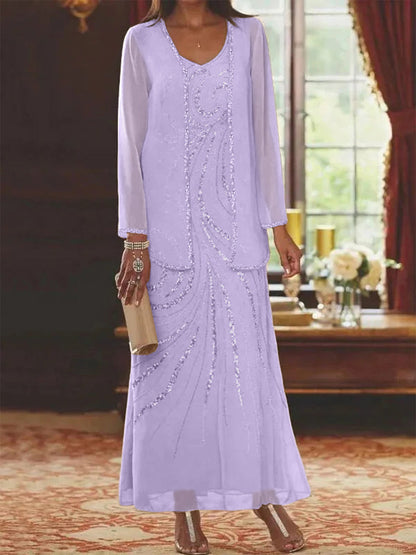 Robe Longue Femme Paillettes Col V Manches Longues avec Veste