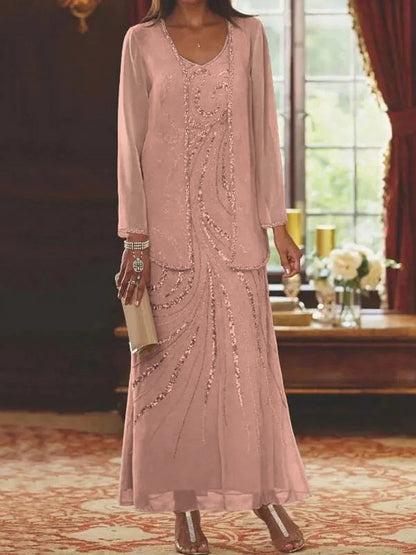Robe Longue Femme Paillettes Col V Manches Longues avec Veste