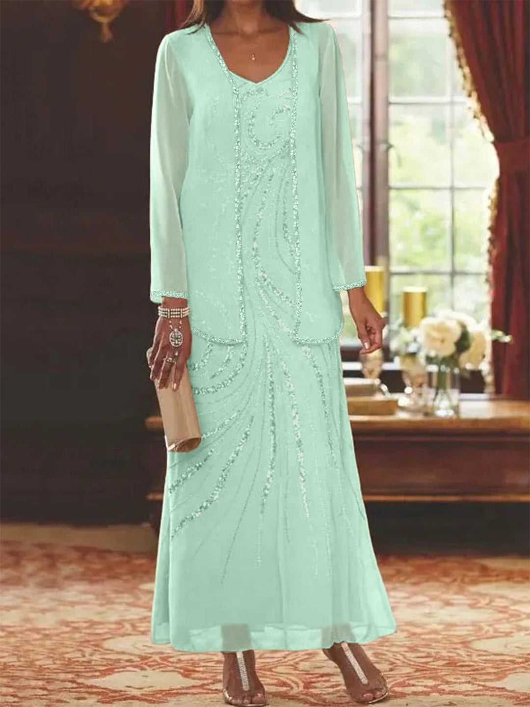 Robe Longue Femme Paillettes Col V Manches Longues avec Veste