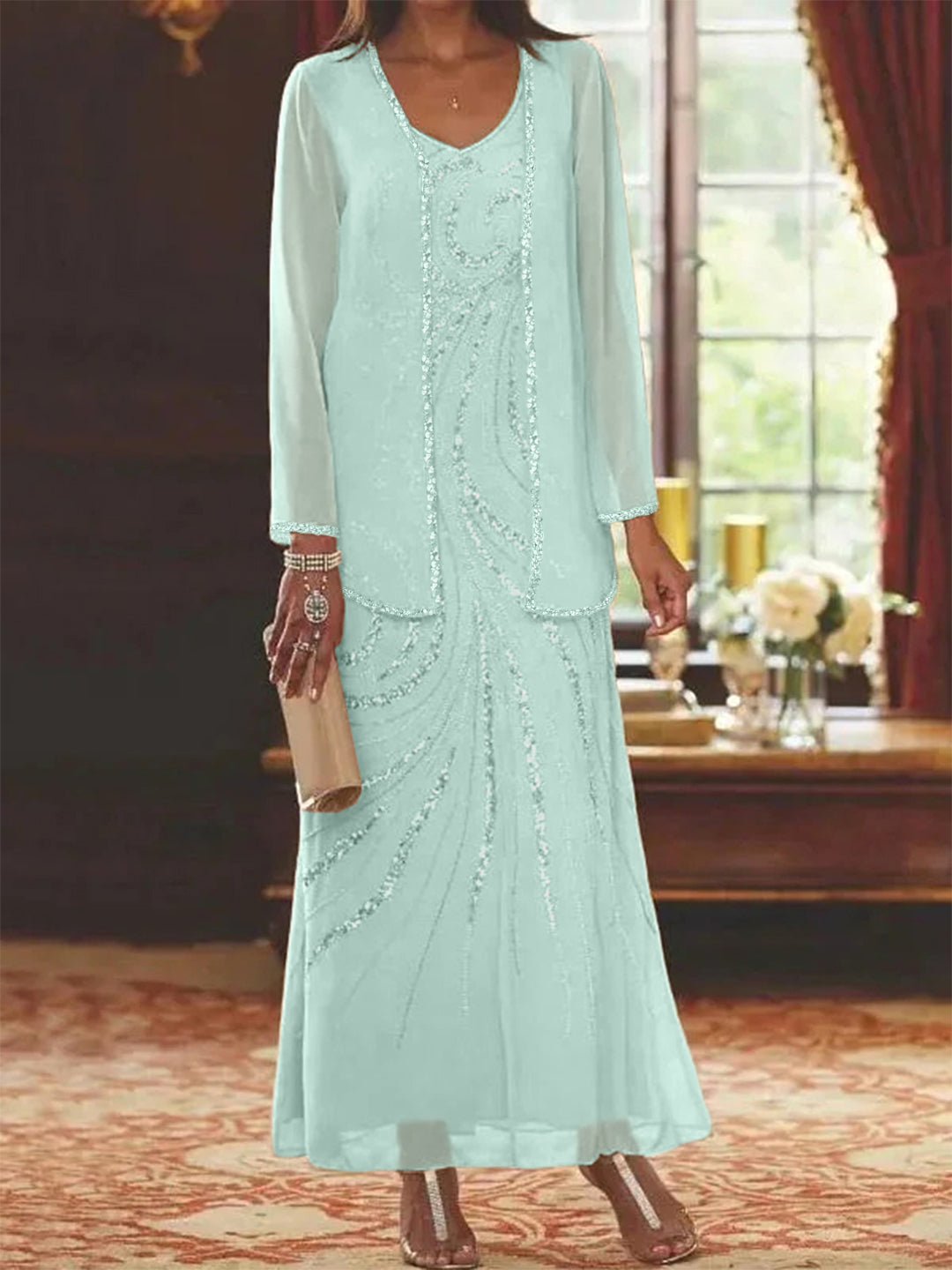 Robe Longue Femme Paillettes Col V Manches Longues avec Veste