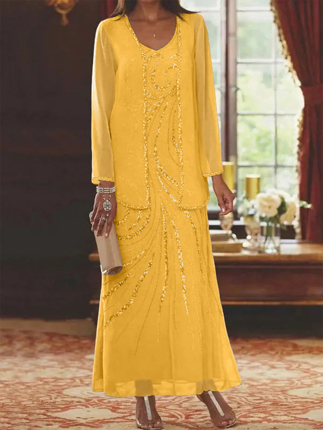 Robe Longue Femme Paillettes Col V Manches Longues avec Veste