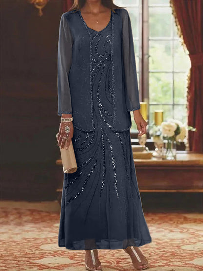 Robe Longue Femme Paillettes Col V Manches Longues avec Veste