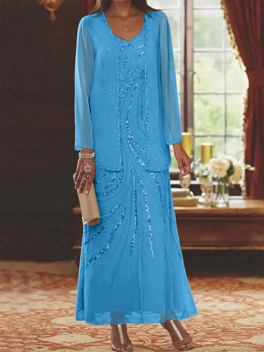 Robe Longue Femme Paillettes Col V Manches Longues avec Veste