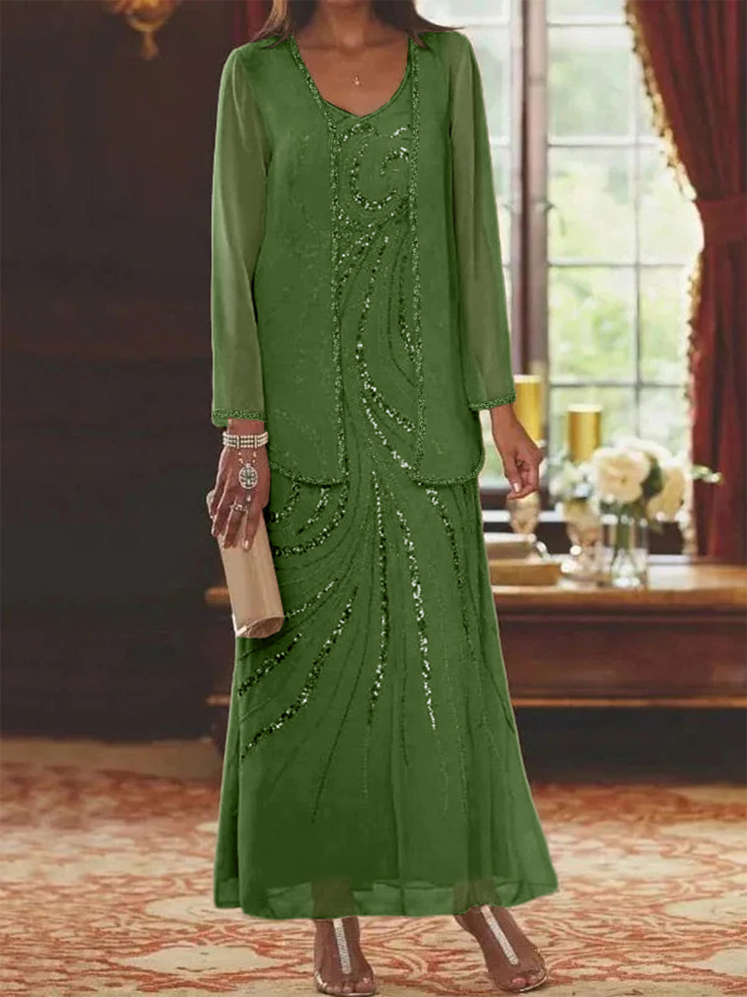 Robe Longue Femme Paillettes Col V Manches Longues avec Veste
