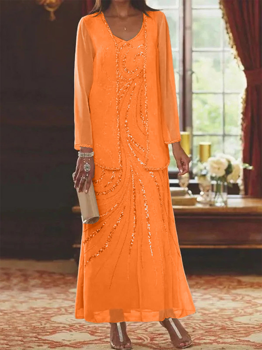 Robe Longue Femme Paillettes Col V Manches Longues avec Veste