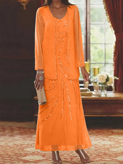 Robe Longue Femme Paillettes Col V Manches Longues avec Veste
