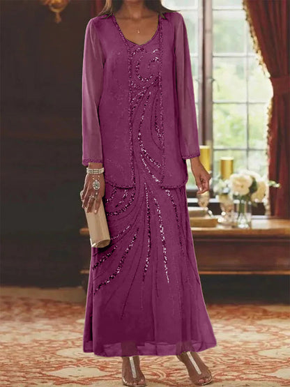 Robe Longue Femme Paillettes Col V Manches Longues avec Veste