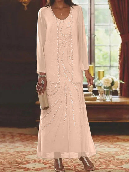 Robe Longue Femme Paillettes Col V Manches Longues avec Veste