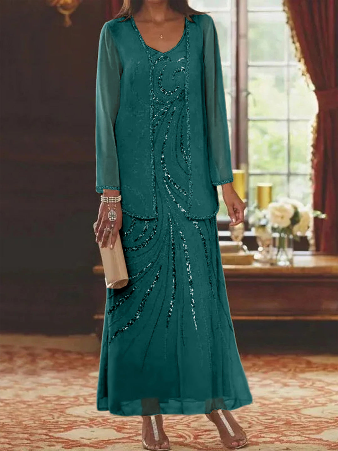 Robe Longue Femme Paillettes Col V Manches Longues avec Veste