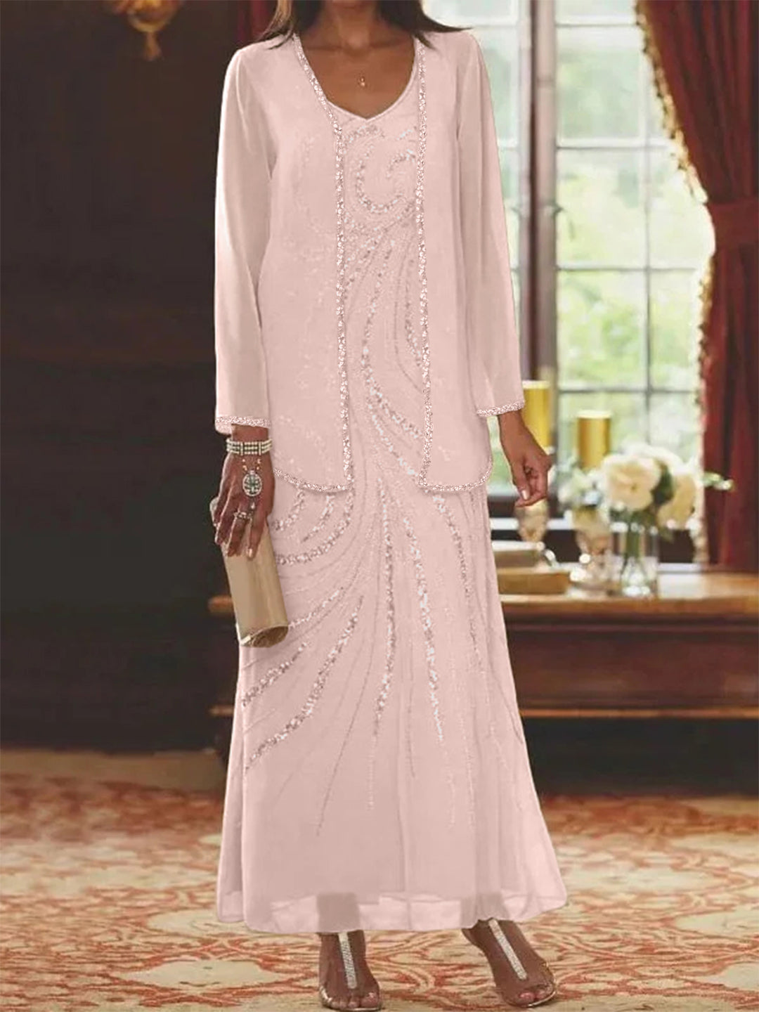 Robe Longue Femme Paillettes Col V Manches Longues avec Veste