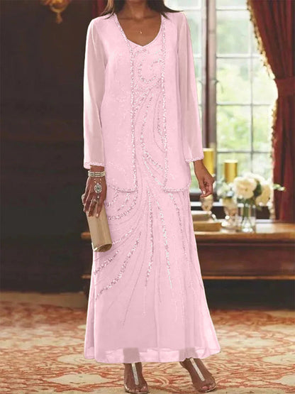 Robe Longue Femme Paillettes Col V Manches Longues avec Veste
