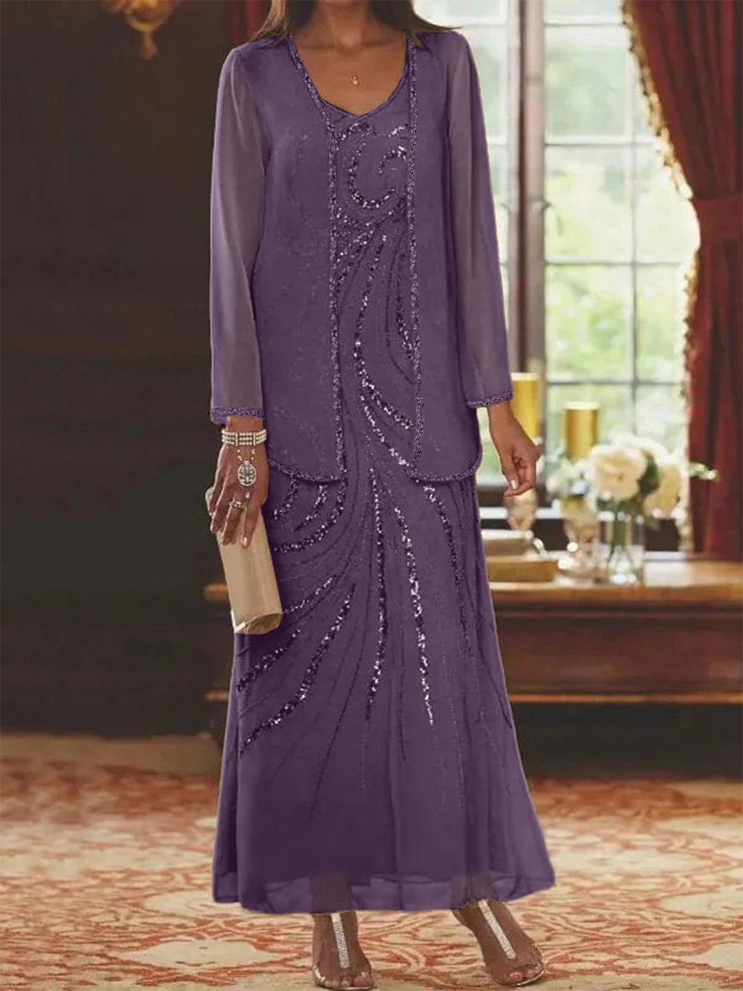 Robe Longue Femme Paillettes Col V Manches Longues avec Veste