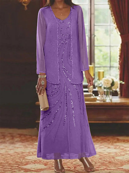 Robe Longue Femme Paillettes Col V Manches Longues avec Veste