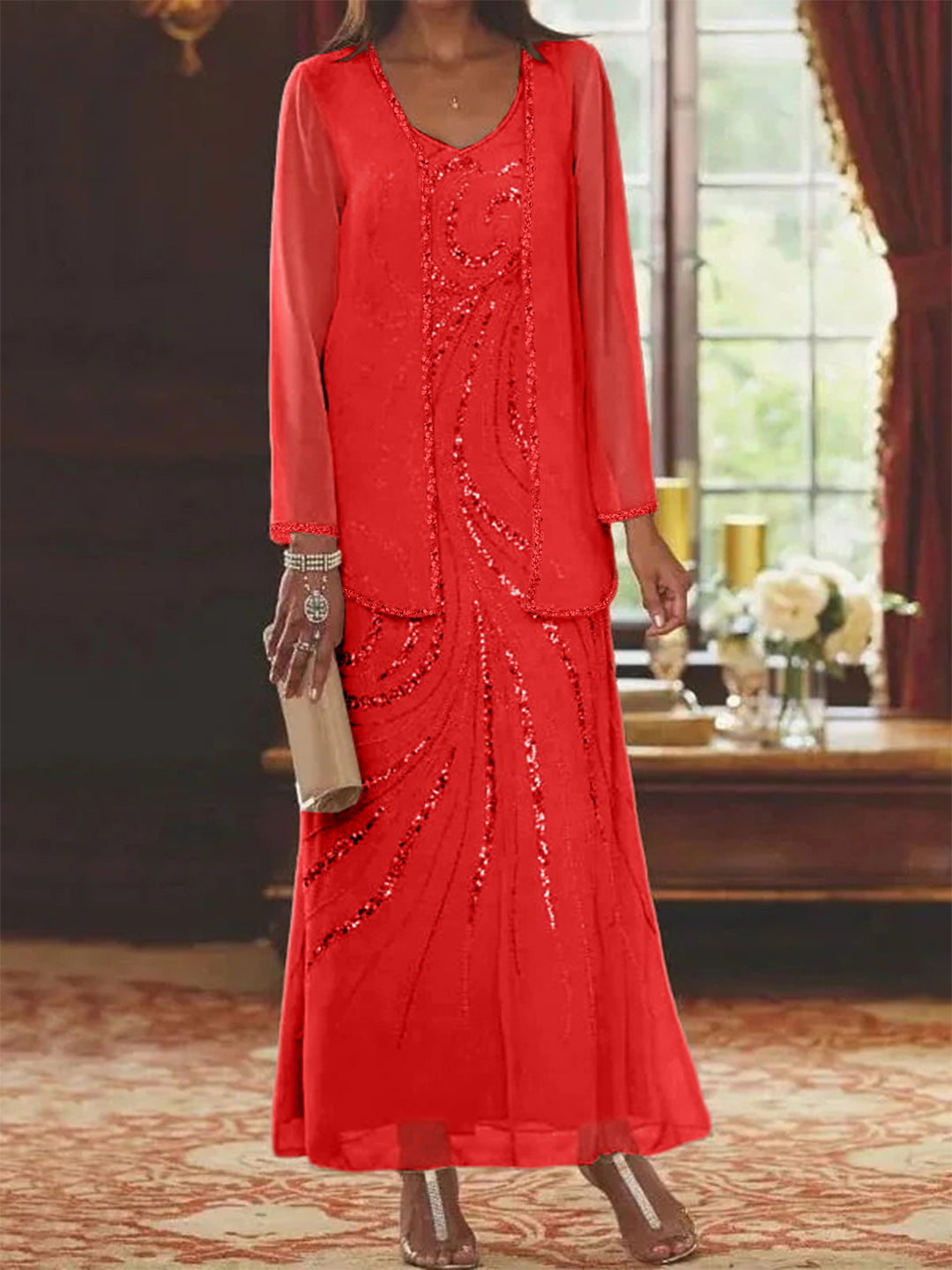 Robe Longue Femme Paillettes Col V Manches Longues avec Veste