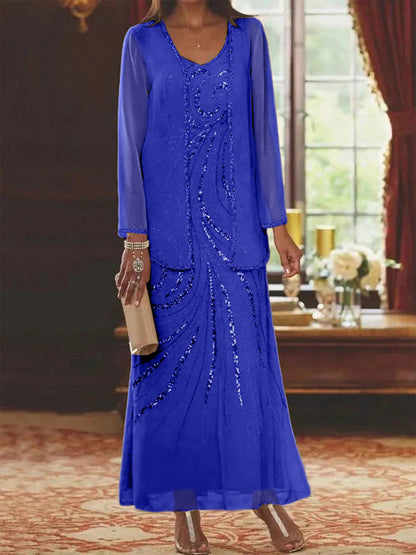 Robe Longue Femme Paillettes Col V Manches Longues avec Veste