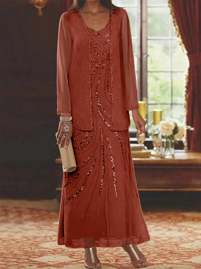 Robe Longue Femme Paillettes Col V Manches Longues avec Veste