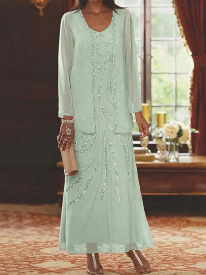 Robe Longue Femme Paillettes Col V Manches Longues avec Veste