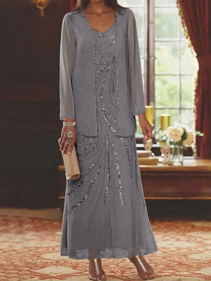 Robe Longue Femme Paillettes Col V Manches Longues avec Veste