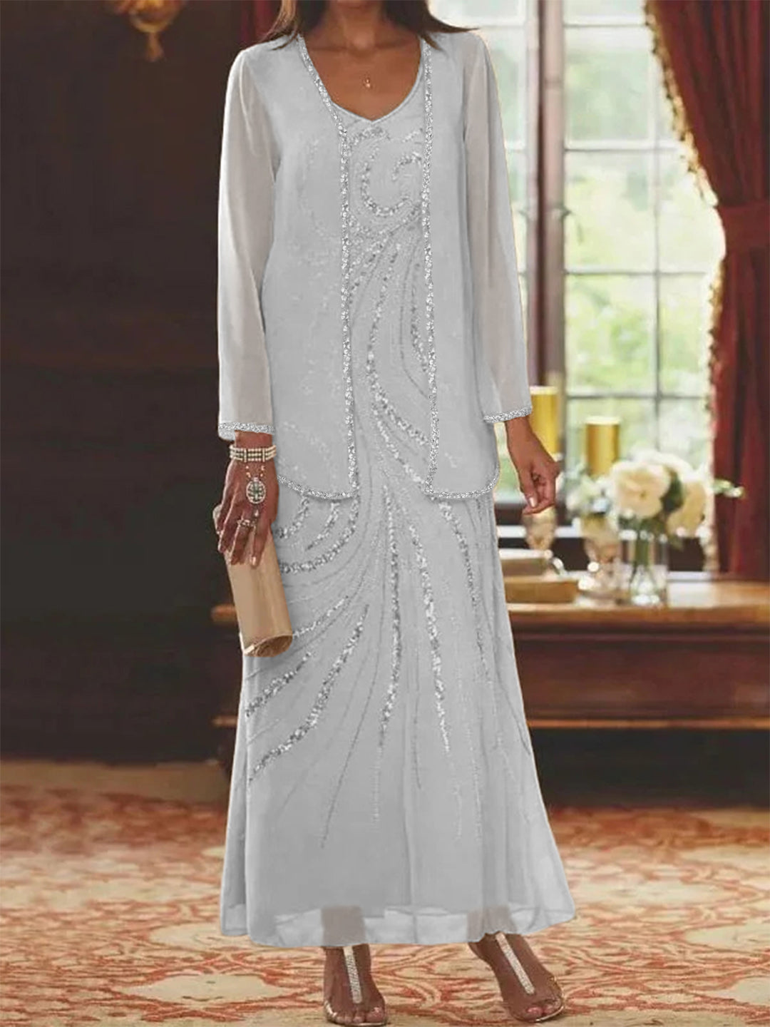 Robe Longue Femme Paillettes Col V Manches Longues avec Veste