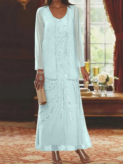 Robe Longue Femme Paillettes Col V Manches Longues avec Veste