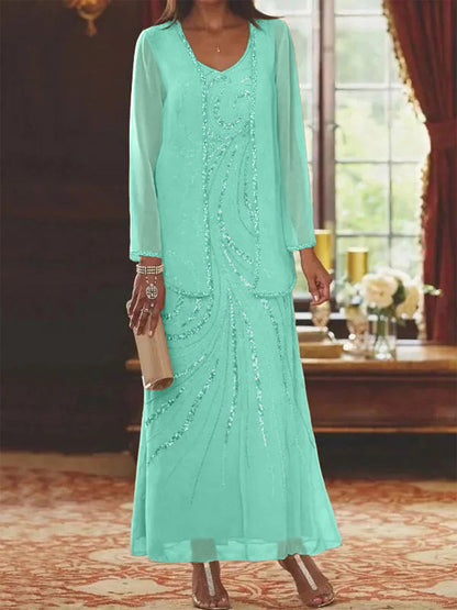 Robe Longue Femme Paillettes Col V Manches Longues avec Veste