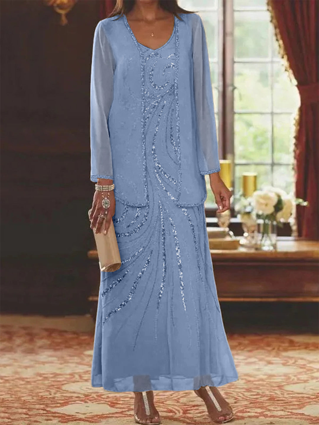 Robe Longue Femme Paillettes Col V Manches Longues avec Veste