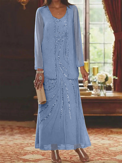 Robe Longue Femme Paillettes Col V Manches Longues avec Veste