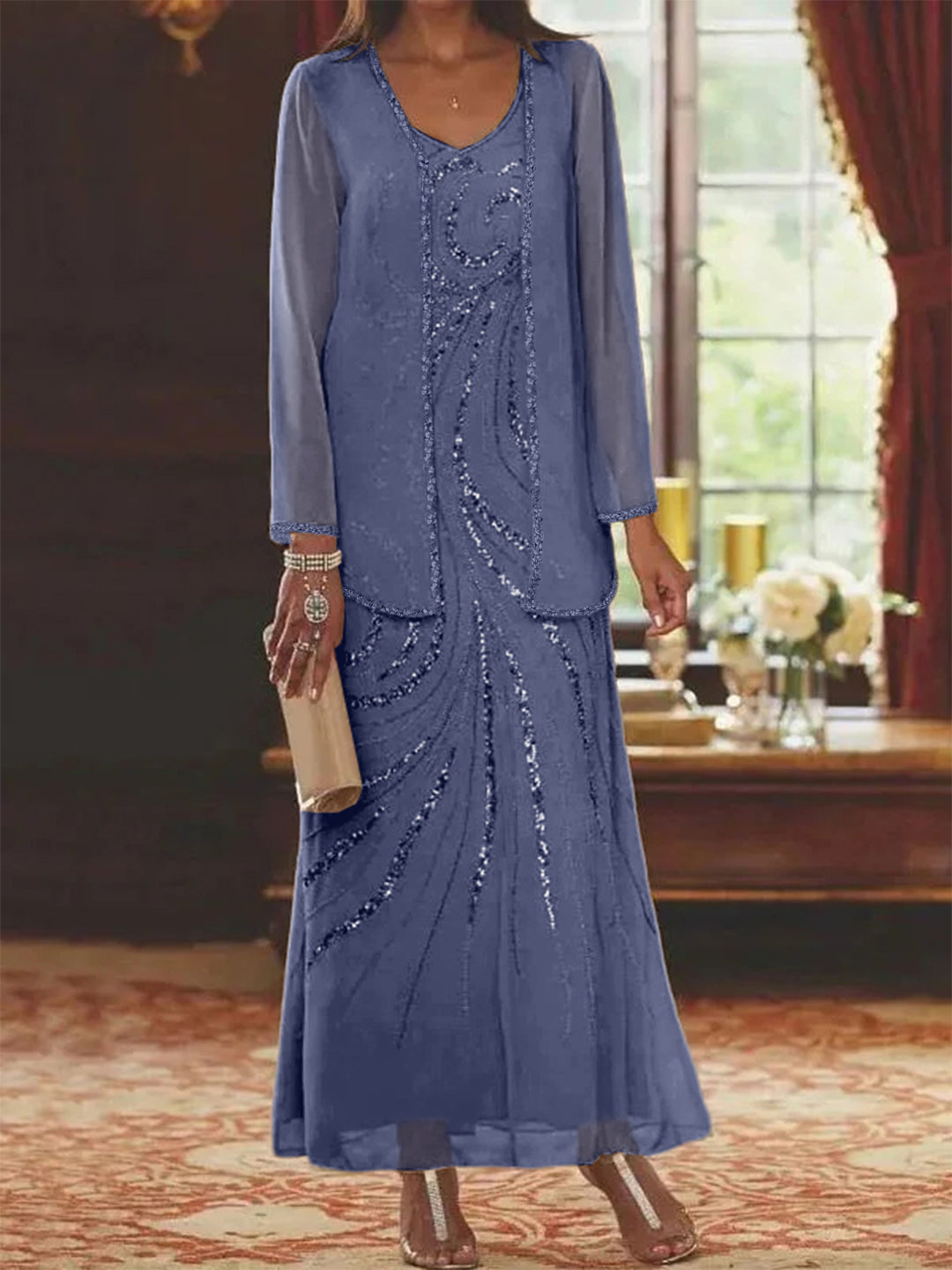 Robe Longue Femme Paillettes Col V Manches Longues avec Veste