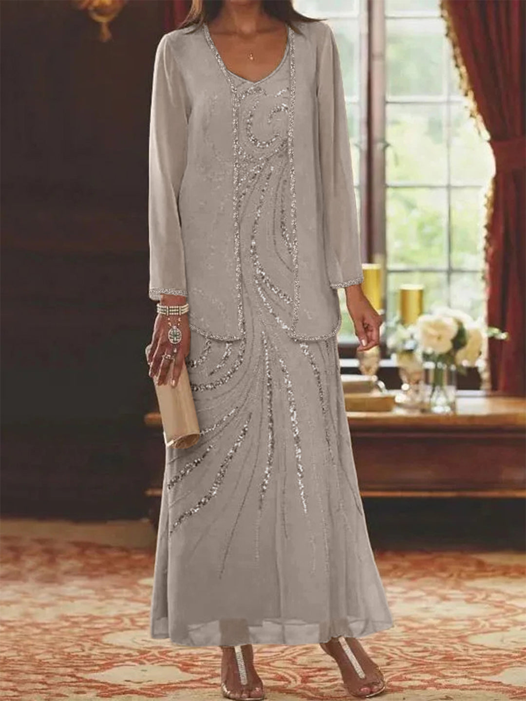 Robe Longue Femme Paillettes Col V Manches Longues avec Veste