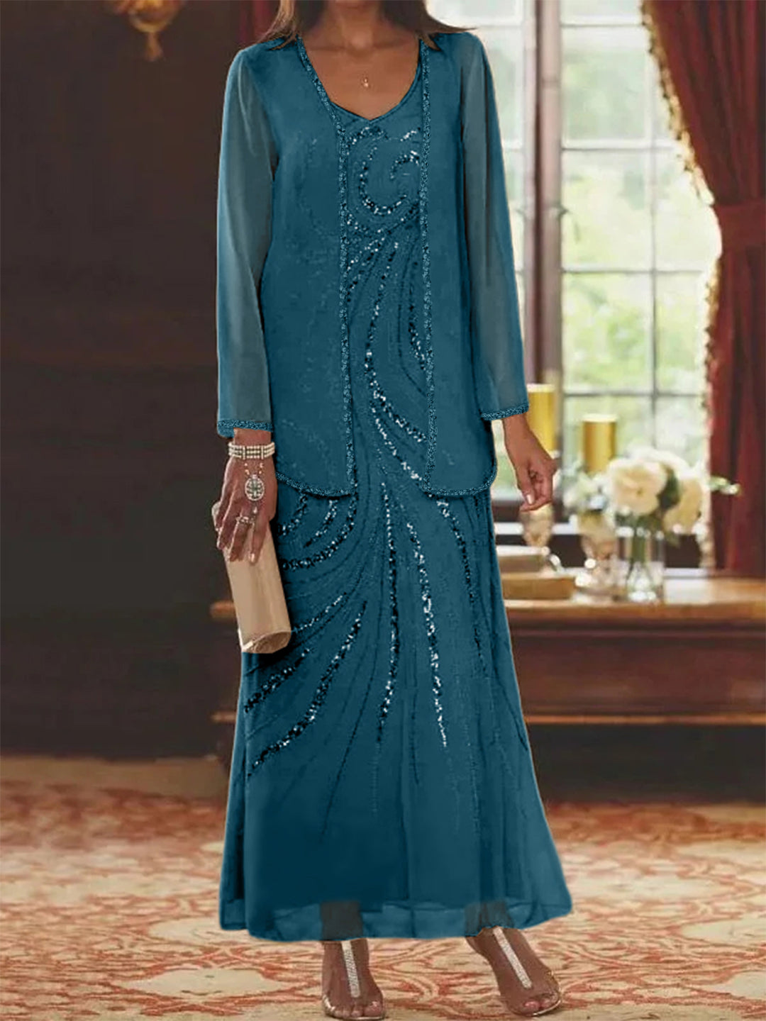 Robe Longue Femme Paillettes Col V Manches Longues avec Veste