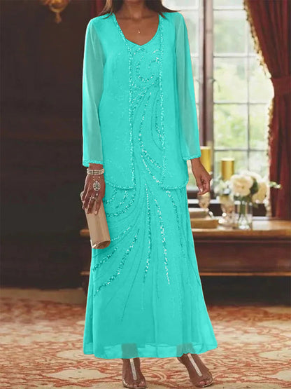 Robe Longue Femme Paillettes Col V Manches Longues avec Veste