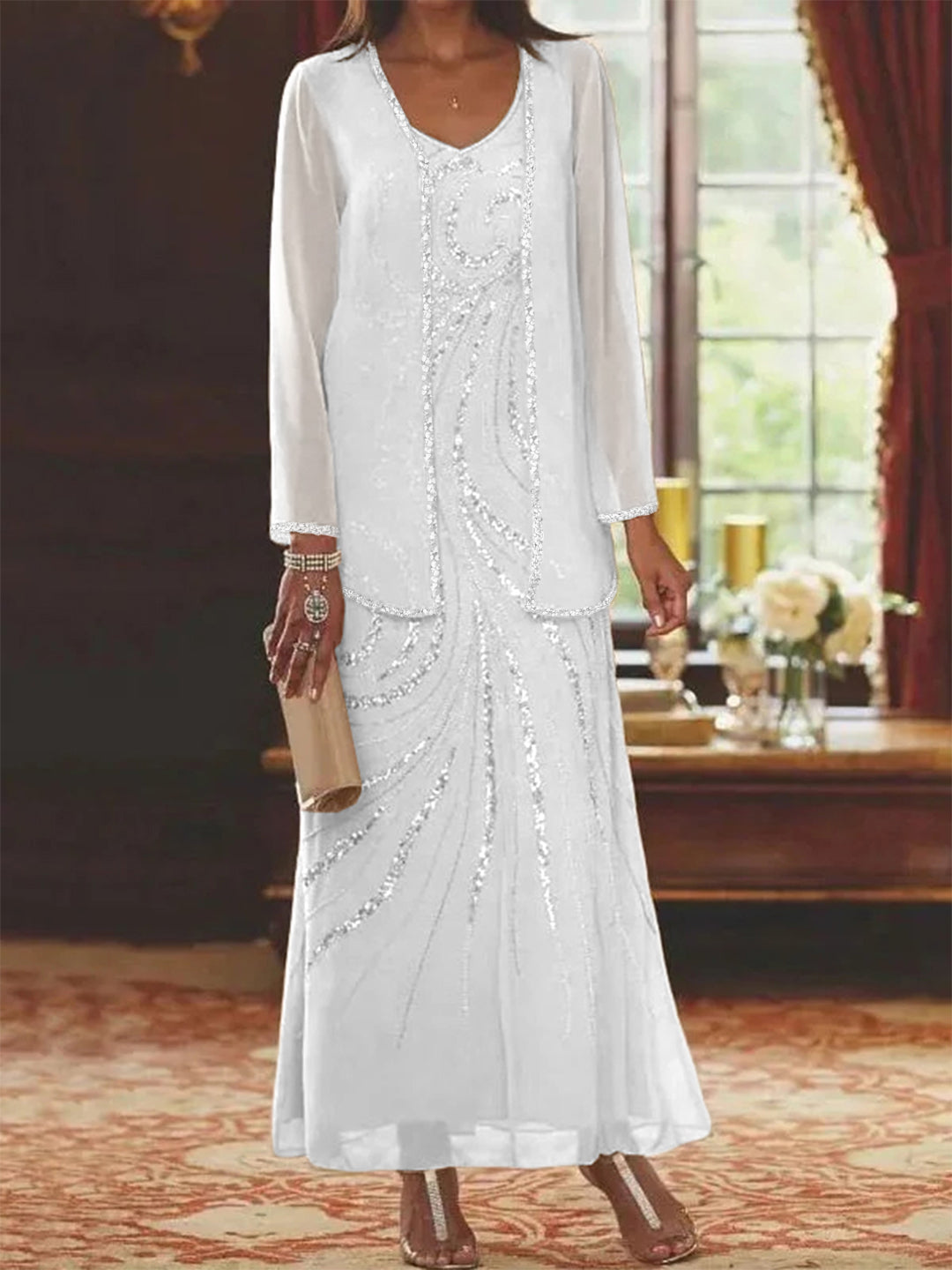 Robe Longue Femme Paillettes Col V Manches Longues avec Veste