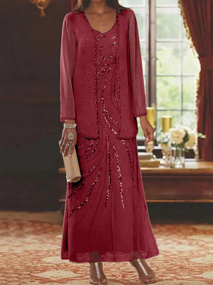 Robe Longue Femme Paillettes Col V Manches Longues avec Veste