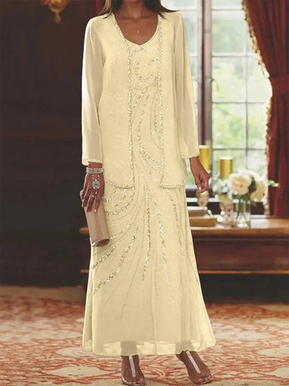 Robe Longue Femme Paillettes Col V Manches Longues avec Veste