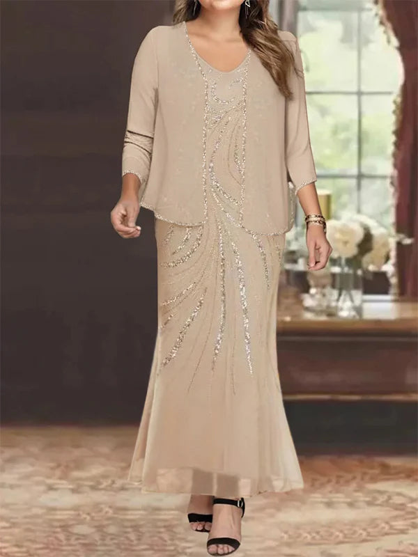 Robe Longue Femme Paillettes Col V Manches Longues avec Veste