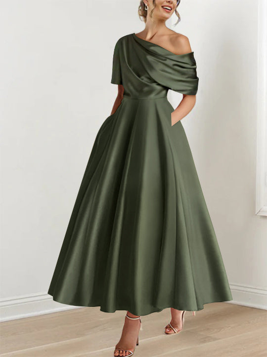 Robe Femme Satin Coupe Aline Épaule Dénudée Volants Longueur Cheville - PanierRoyale