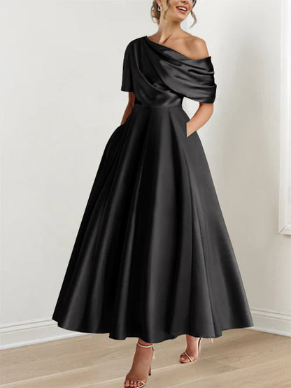 Robe Femme Satin Coupe Aline Épaule Dénudée Volants Longueur Cheville