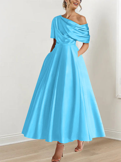 Robe Femme Satin Coupe Aline Épaule Dénudée Volants Longueur Cheville