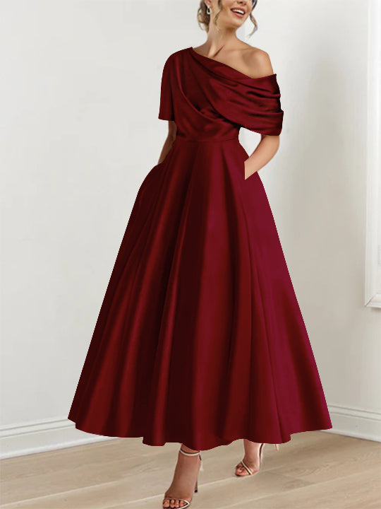 Robe Femme Satin Coupe Aline Épaule Dénudée Volants Longueur Cheville