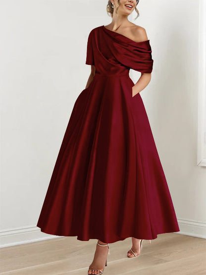 Robe Femme Satin Coupe Aline Épaule Dénudée Volants Longueur Cheville