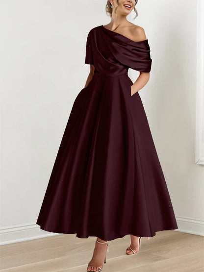 Robe Femme Satin Coupe Aline Épaule Dénudée Volants Longueur Cheville
