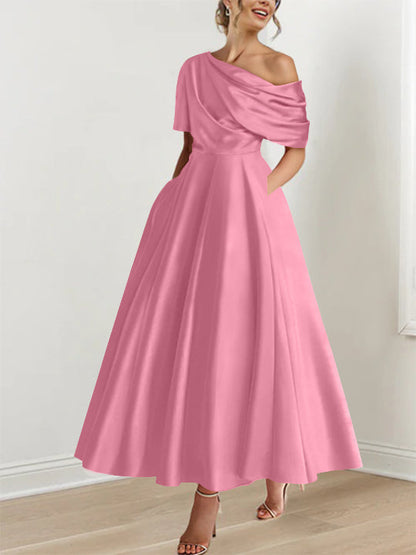 Robe Femme Satin Coupe Aline Épaule Dénudée Volants Longueur Cheville