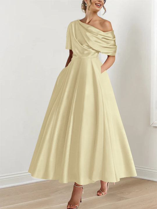 Robe Femme Satin Coupe Aline Épaule Dénudée Volants Longueur Cheville