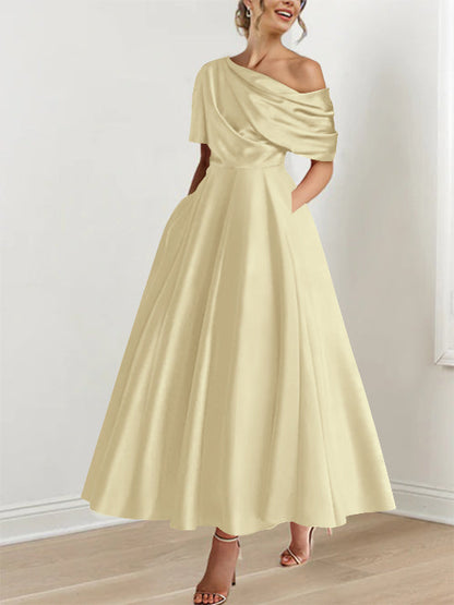 Robe Femme Satin Coupe Aline Épaule Dénudée Volants Longueur Cheville