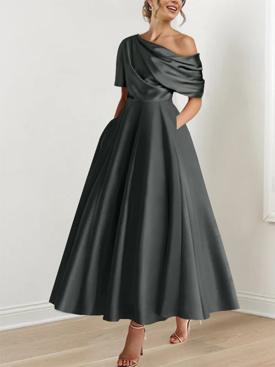Robe Femme Satin Coupe Aline Épaule Dénudée Volants Longueur Cheville