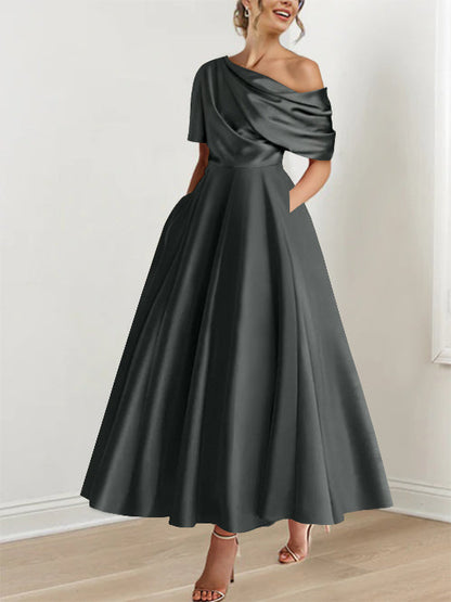 Robe Femme Satin Coupe Aline Épaule Dénudée Volants Longueur Cheville