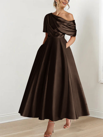 Robe Femme Satin Coupe Aline Épaule Dénudée Volants Longueur Cheville